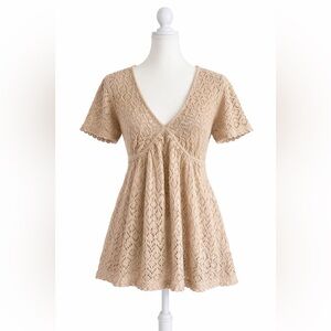 Metro 7 Beige Crochet Knit Babydoll Top Size Medium
